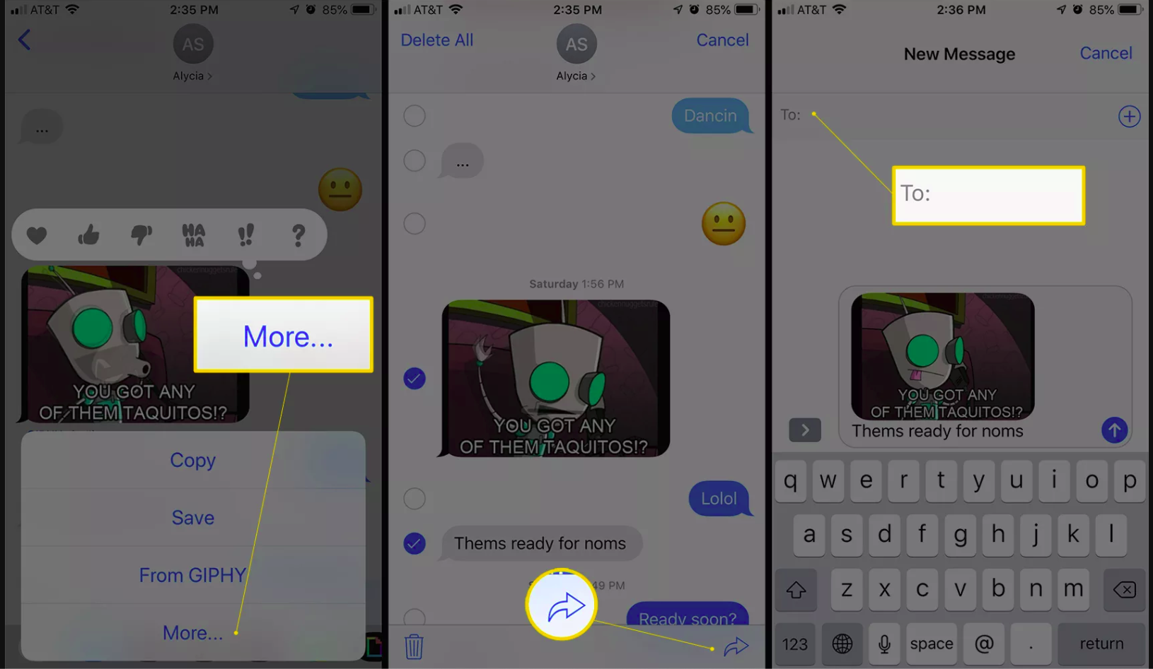 Three iOS screens showing More and Share buttons, and To field when forwarding an iMessage
