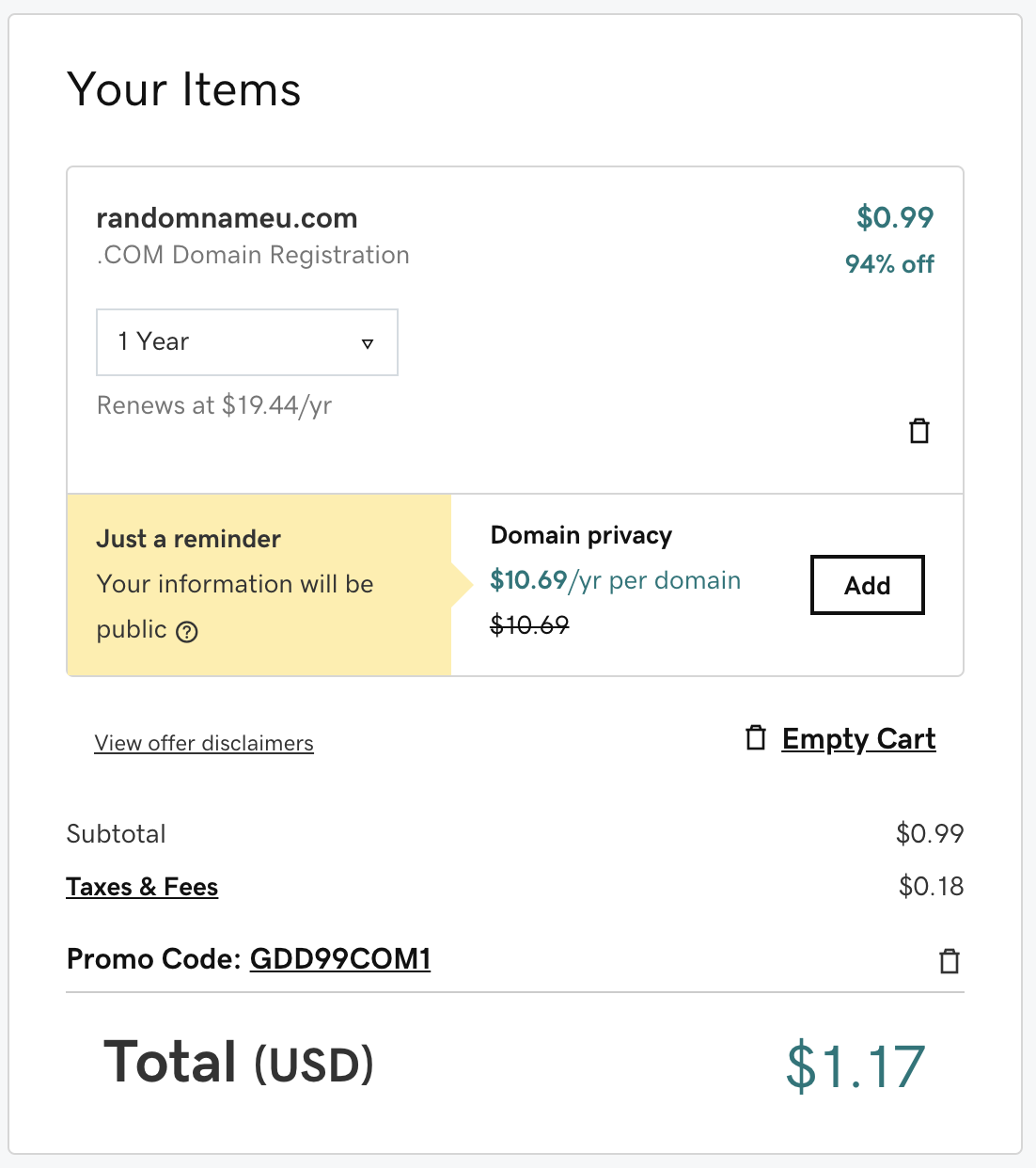 GoDaddy shopping cart with 1$ Domain name